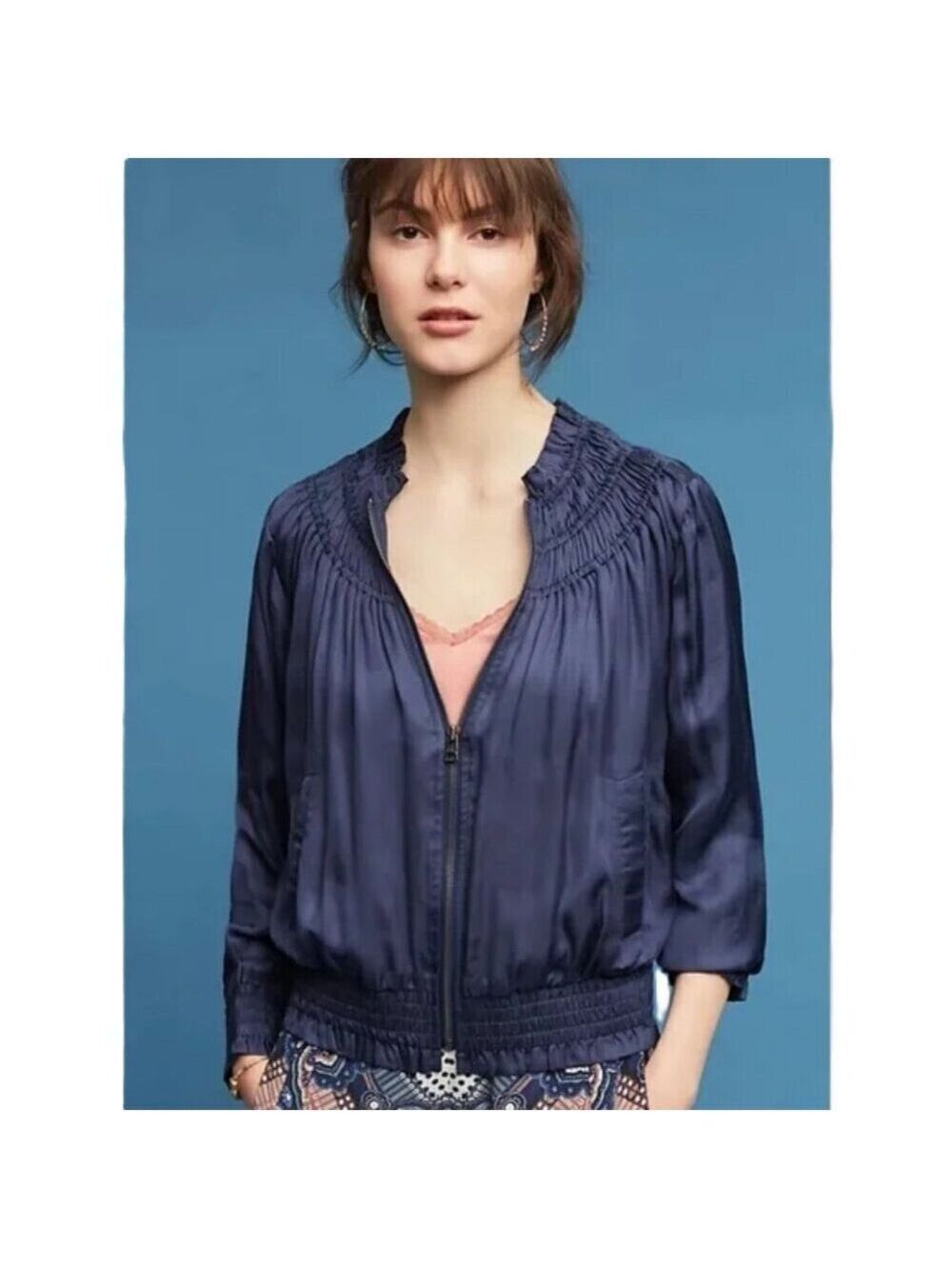 Anthropologie Love Sam Alexe Navy Ruffle Collar Embroidered Bomber Jacket S